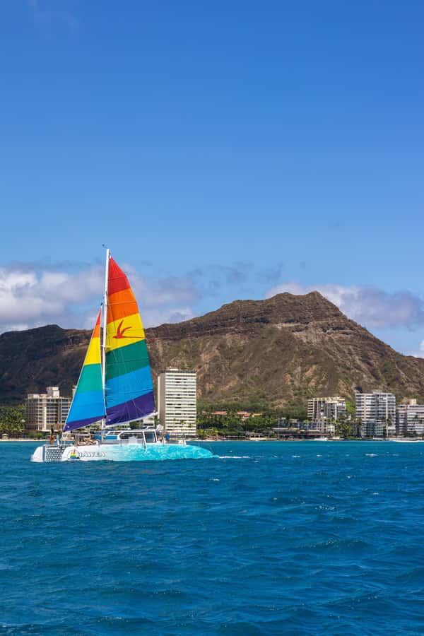 Board from Waikiki Beach for our Aloha Hour Sail - A 50-Foot Hawea Catamaran Is the Right Scale for Waikiki