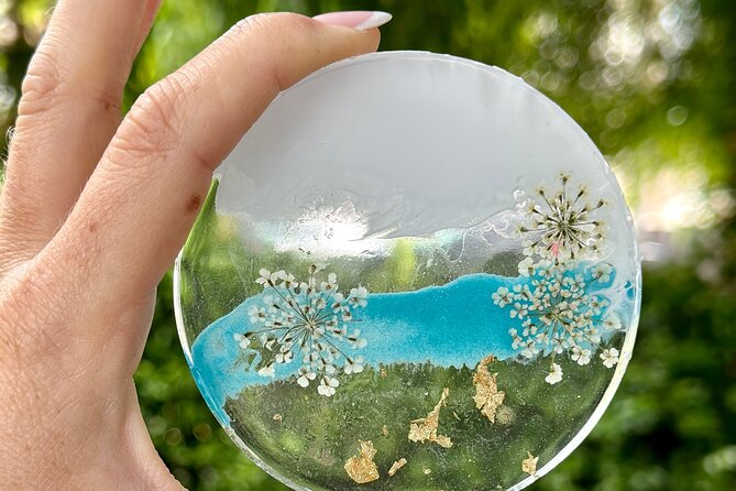Epoxy Resin Art and Craft Coaster Set Experience - Your materials and tools: slow epoxy, dried florals, gold leaf, and ocean extras